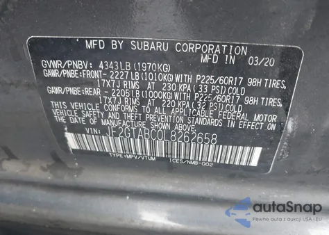 2020 Subaru Crosstrek z USA, uszkodzony, nr VIN JF2GTABC0L8262658